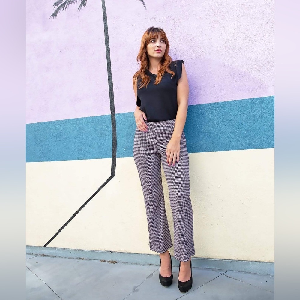 Eva Franco Anthropologie Houndstooth Black Motif Flare Elastic Waist Pants XL